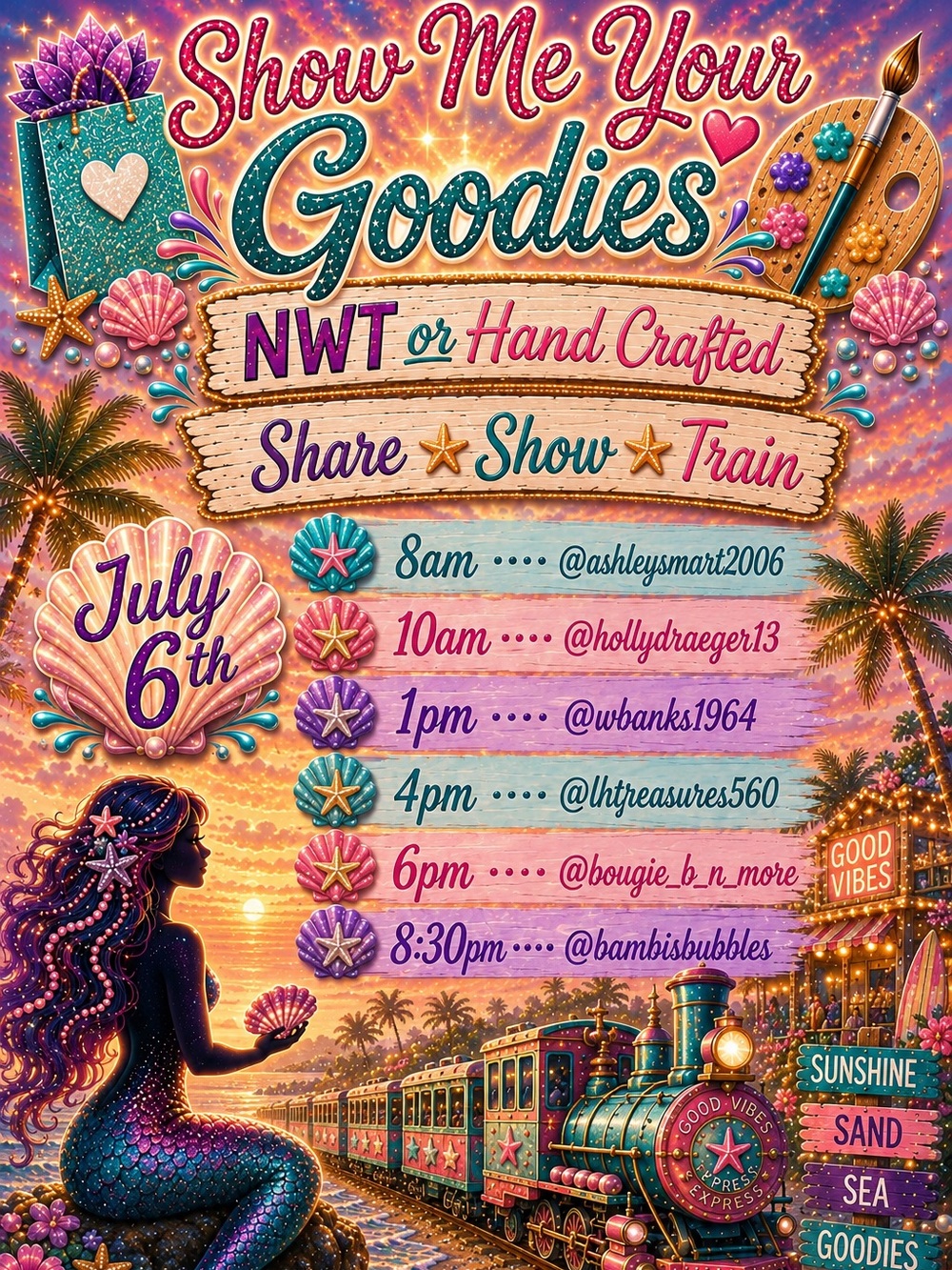 Show Me Your Goodies Event Poster - Colorful Mermaid & Train Artwork